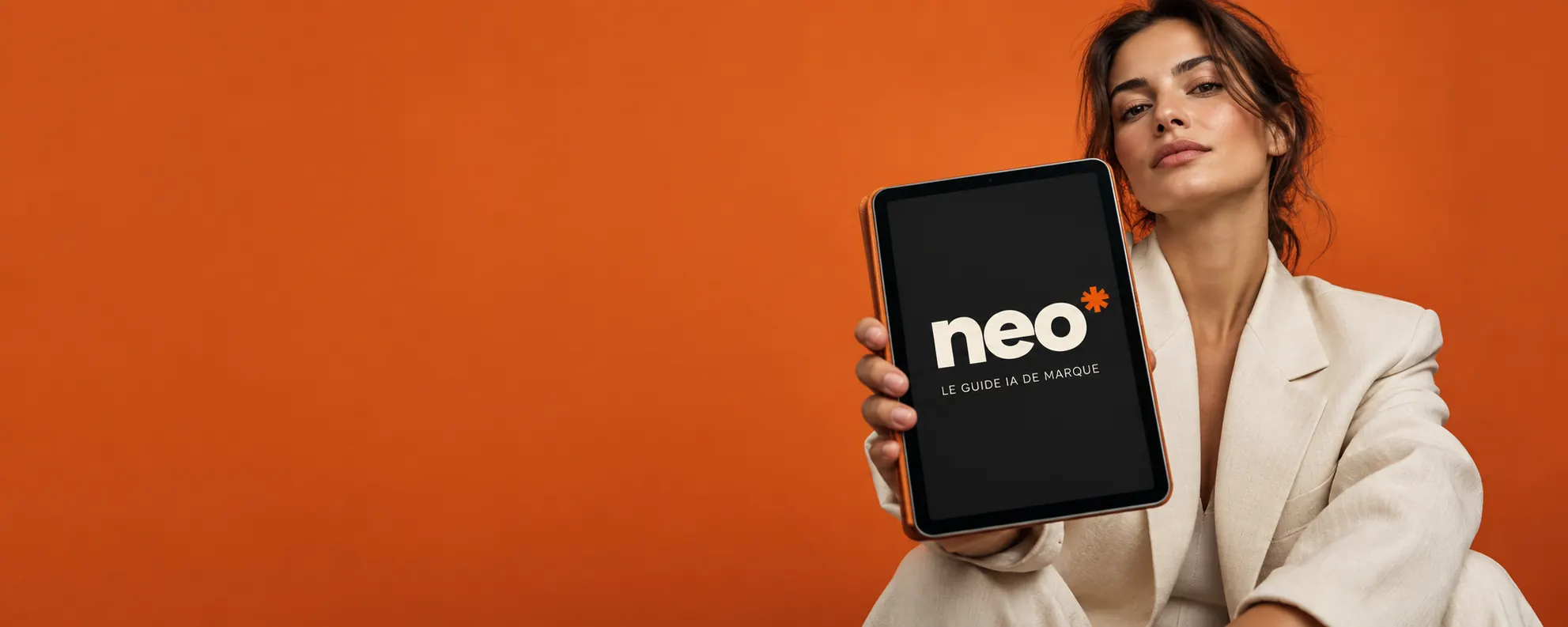 Une femme présente l’e-book NEO Branding sur une tablette, dans un décor orange.